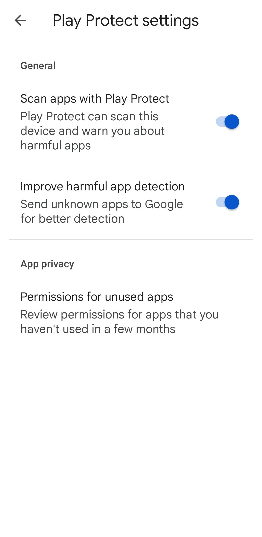 Cài đặt Google Play Protect trên Cửa hàng Play, hiển thị tùy chọn quét ứng dụng và quản lý quyền ứng dụng không dùng