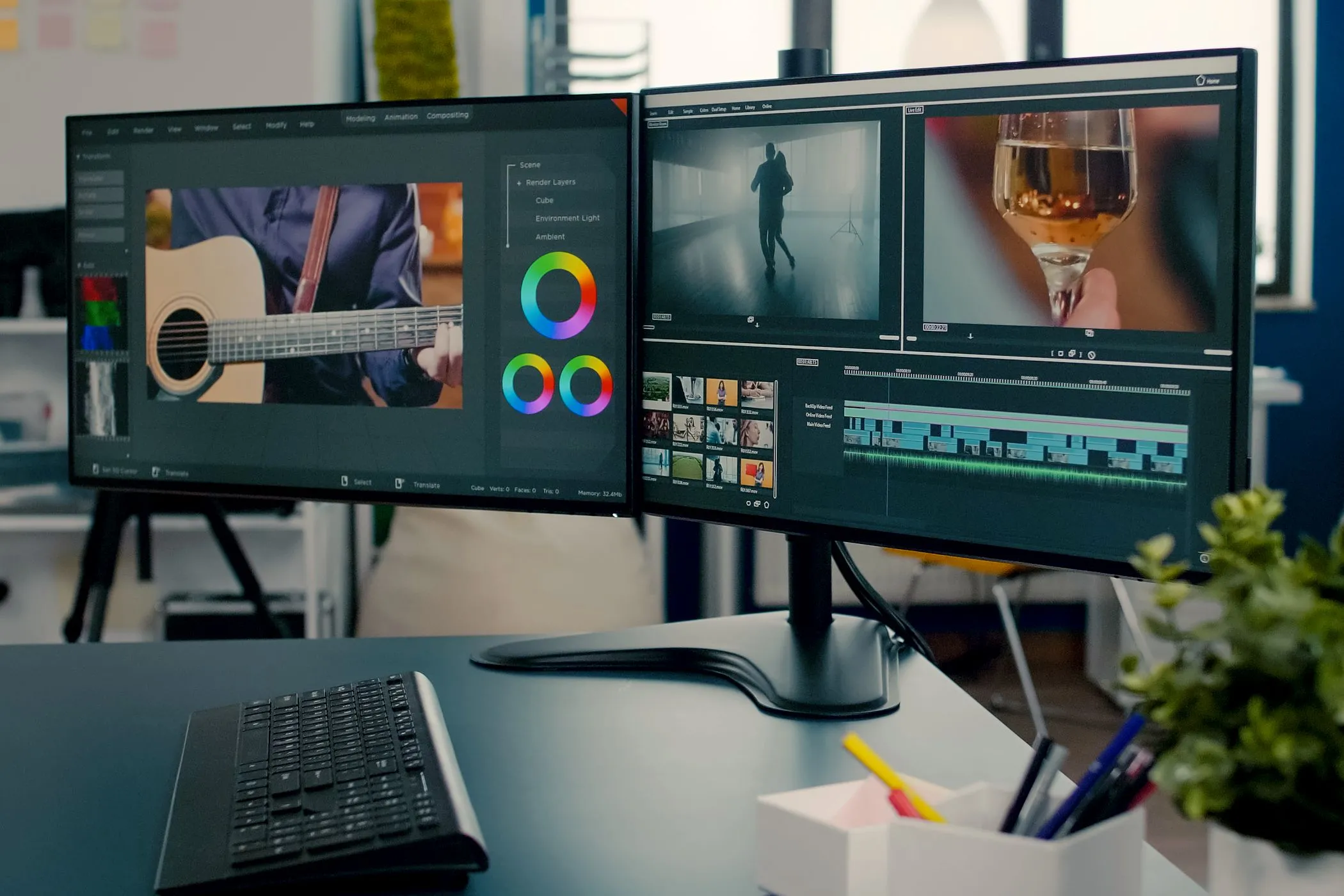 Cài đặt hai màn hình đang chạy phần mềm chỉnh sửa video, thể hiện khả năng mở rộng không gian làm việc qua USB-C daisy chain.