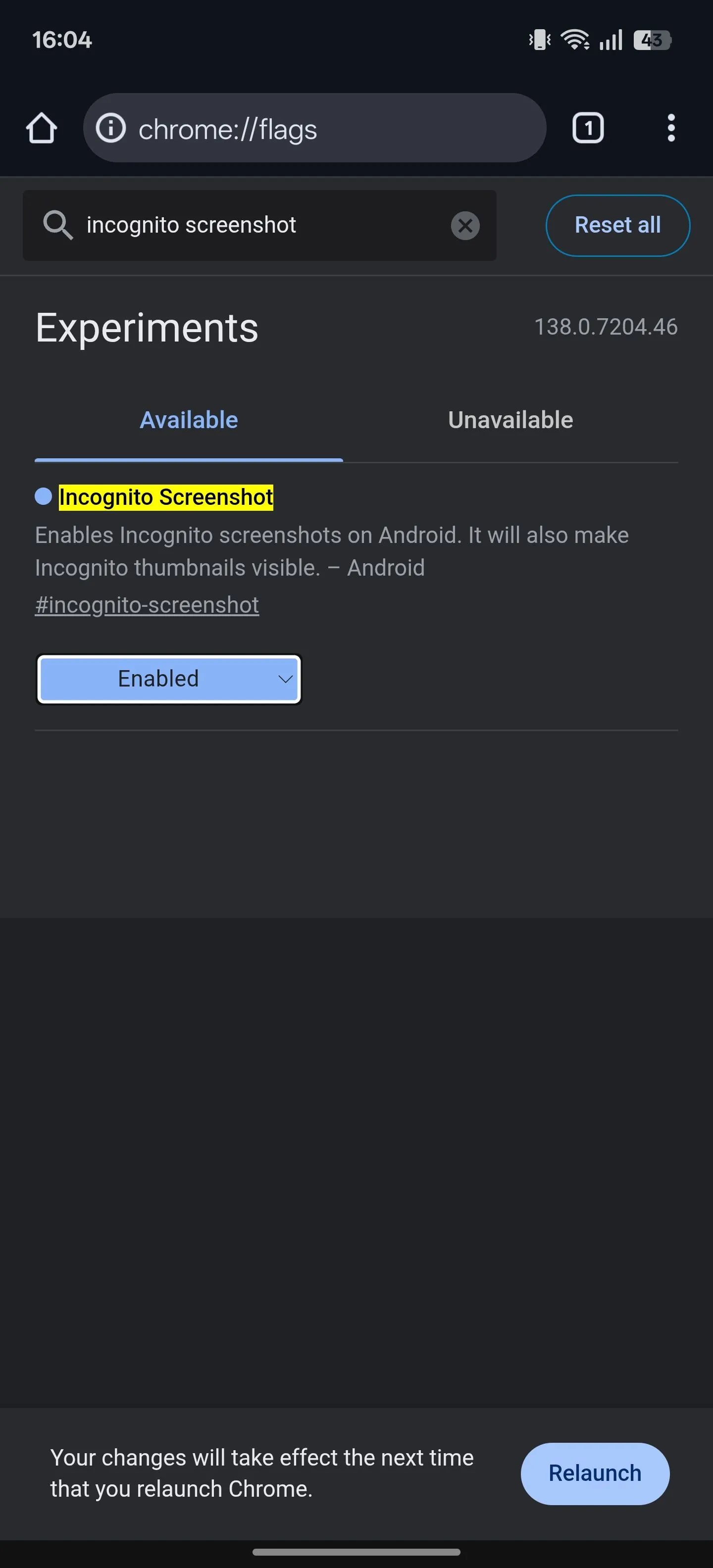 Cài đặt &quot;Incognito Screenshot&quot; được bật (Enabled) trên Chrome Android