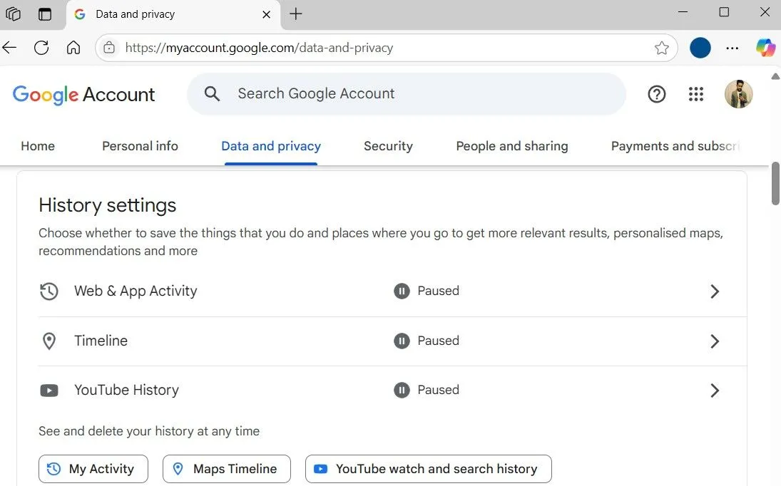 Cài đặt lịch sử tài khoản Google trong trình duyệt, nơi quản lý dữ liệu tìm kiếm và hoạt động