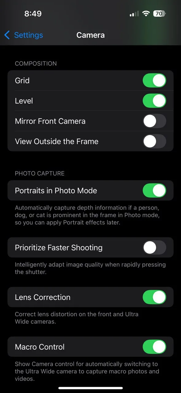 Cài đặt lưới Quy tắc một phần ba trong ứng dụng camera trên iOS để tối ưu bố cục ảnh