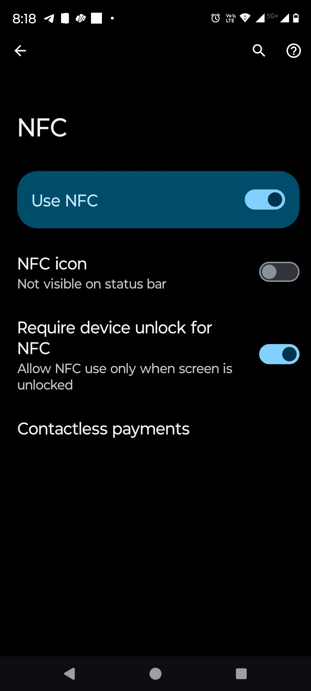 Cài đặt NFC trên điện thoại Android, bao gồm tùy chọn yêu cầu mở khóa.