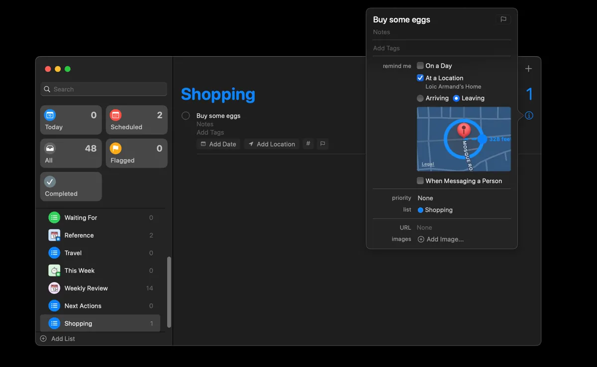 Cài đặt nhắc nhở dựa trên vị trí trong ứng dụng Apple Reminders trên máy Mac