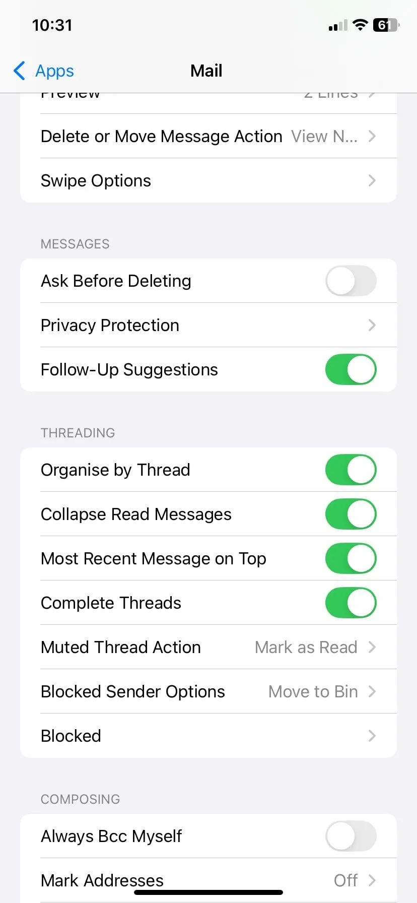 Cài đặt Quyền riêng tư của Apple Mail trên iPhone, cho phép bật/tắt tính năng Bảo vệ quyền riêng tư trong Mail như chặn pixel theo dõi và ẩn địa chỉ IP.