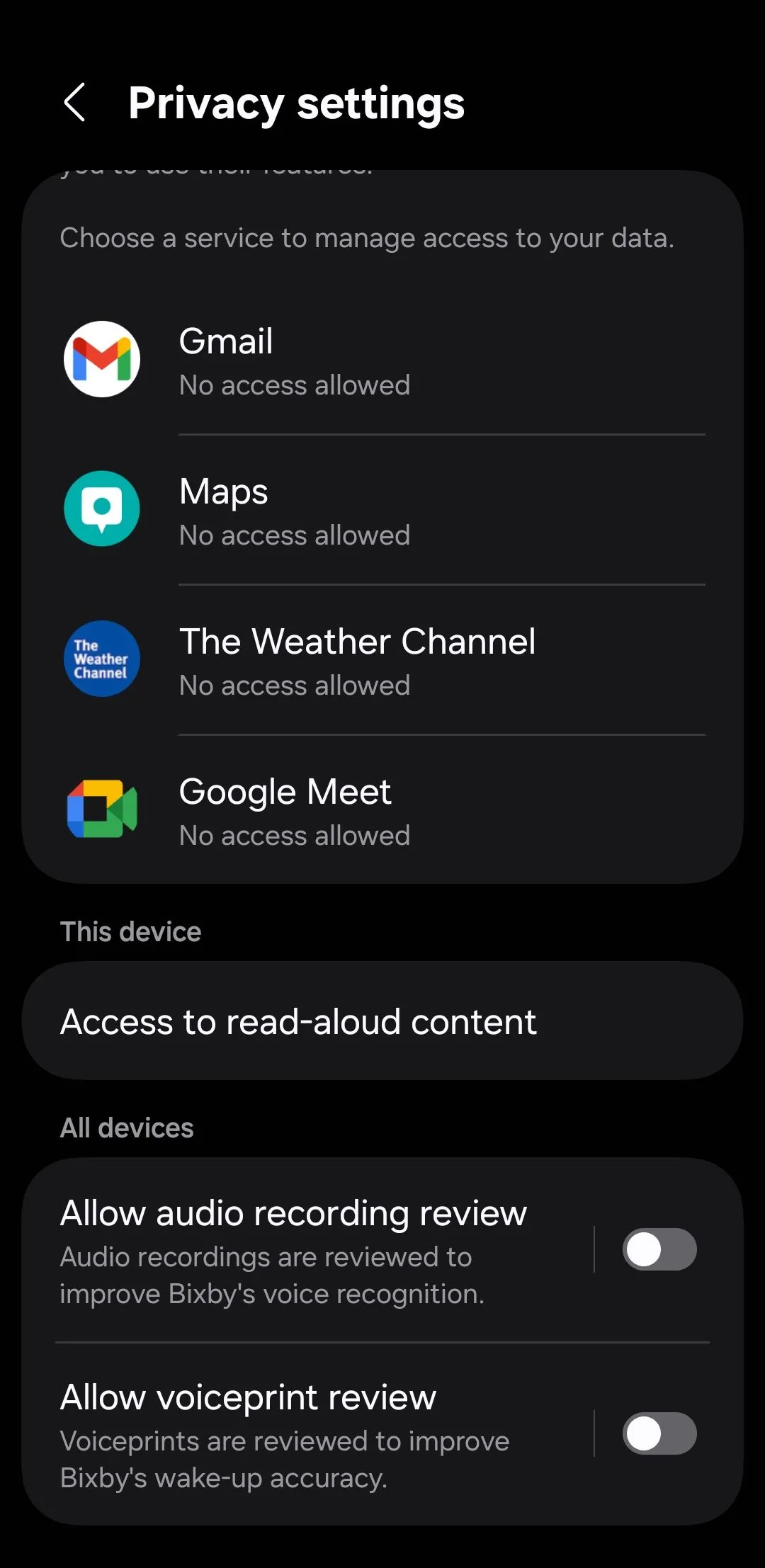Cài đặt quyền riêng tư của Bixby để giới hạn thu thập dữ liệu giọng nói