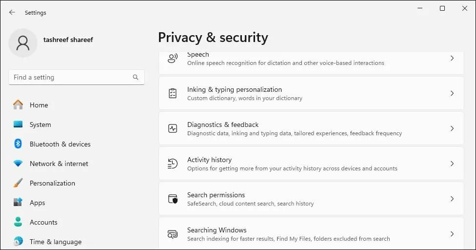 Cài đặt quyền riêng tư và bảo mật, chẩn đoán và phản hồi trong Windows 11