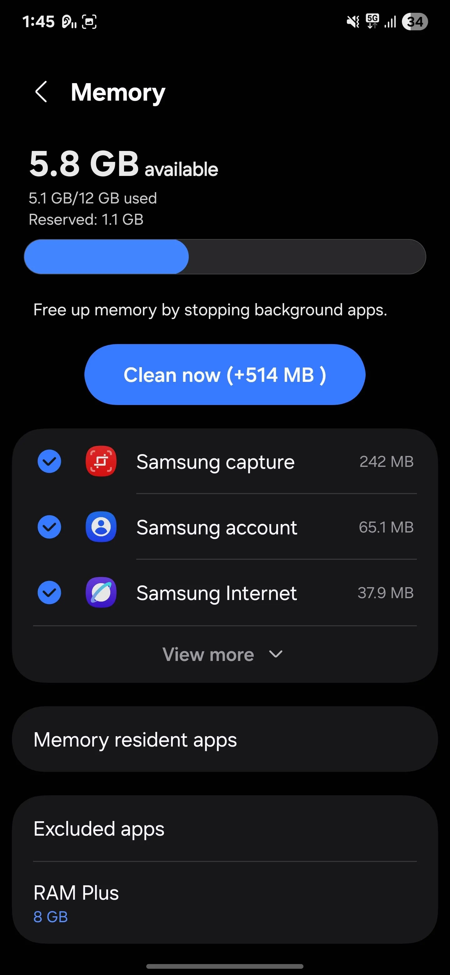 Cài đặt RAM Plus trên điện thoại Samsung, cho phép người dùng vô hiệu hóa hoặc điều chỉnh dung lượng RAM ảo để tiết kiệm pin.