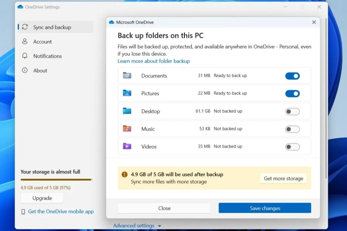 Cài đặt sao lưu OneDrive trên Windows, cho phép chọn thư mục