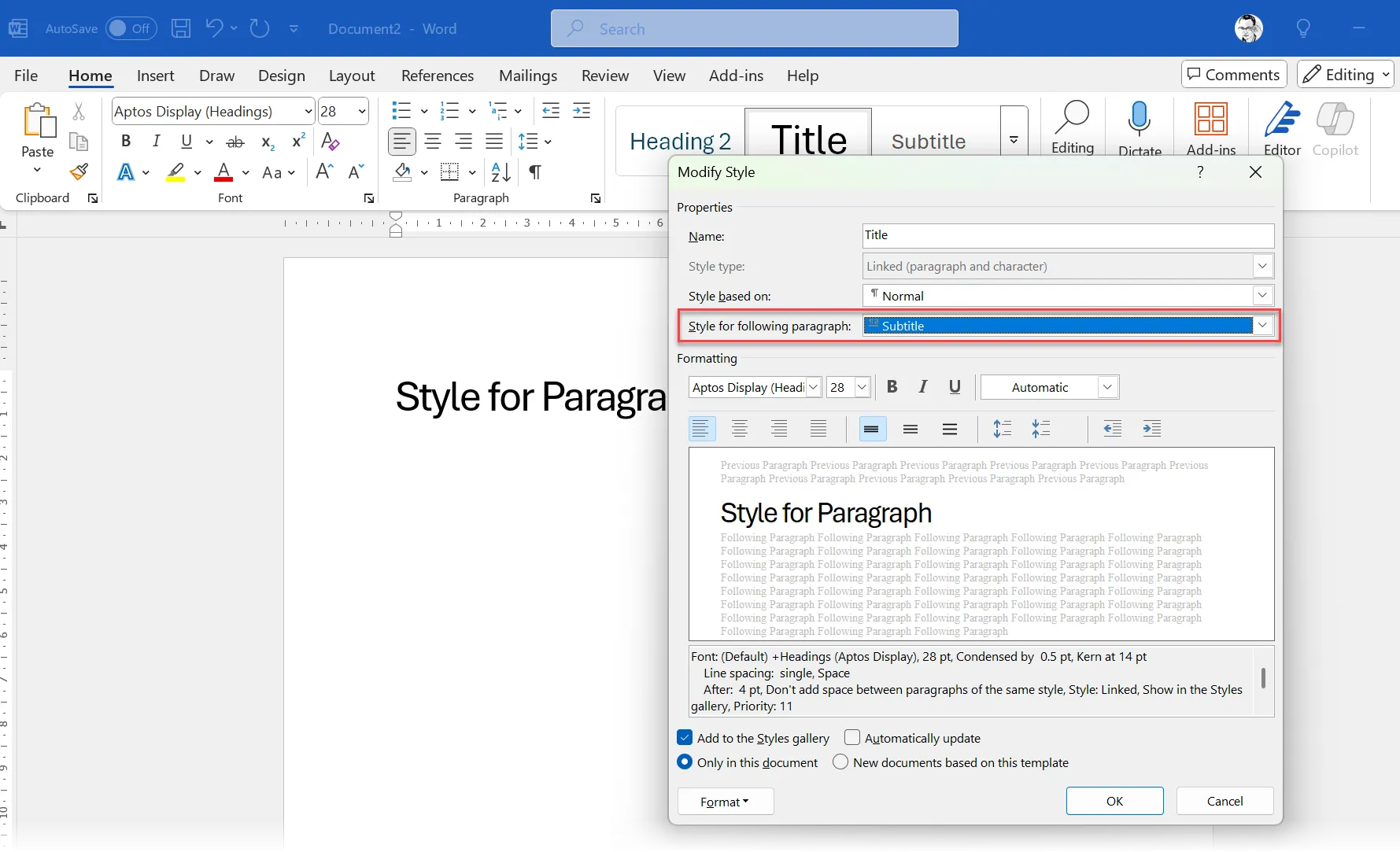 Cài đặt Style for Following Paragraph trong hộp thoại Modify Style của Microsoft Word, cho phép tự động chuyển sang style tiếp theo