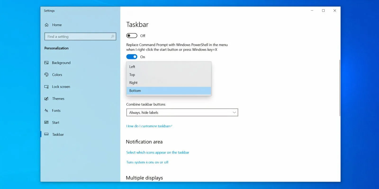 Cài đặt Taskbar Windows 10, tùy chọn vị trí thanh tác vụ