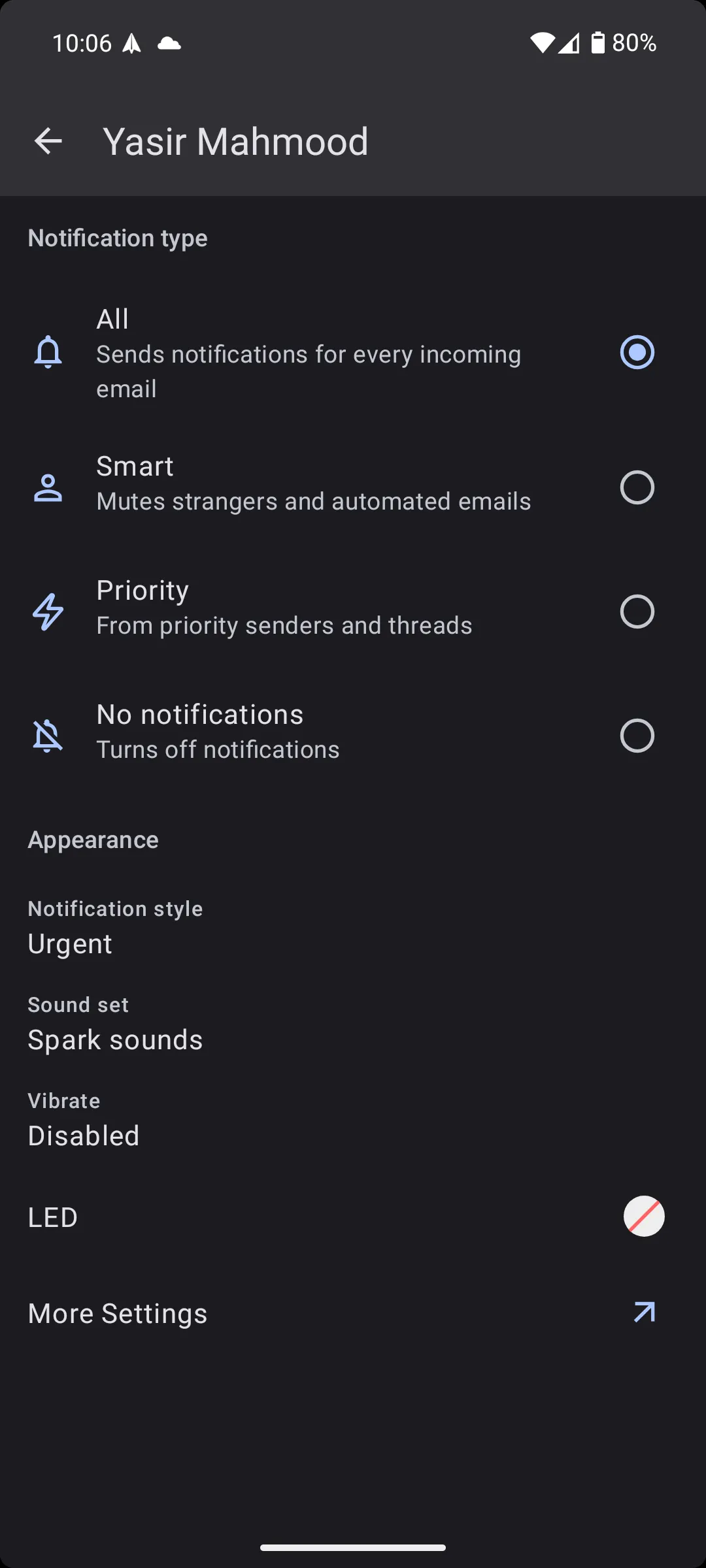 Cài đặt thông báo của ứng dụng Spark Mail trên Android, giúp người dùng chỉ nhận thông báo cho những email quan trọng