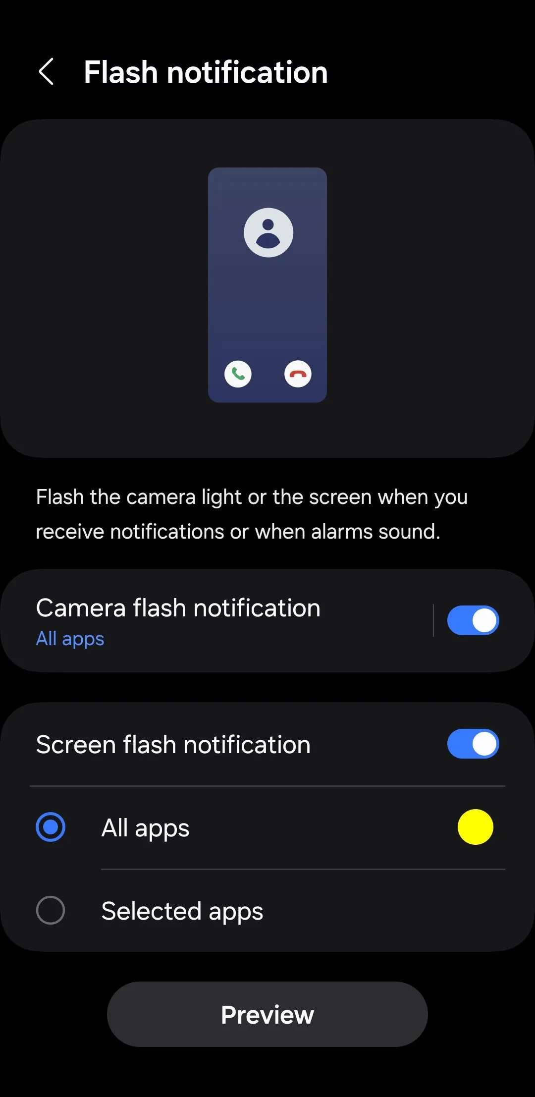 Cài đặt thông báo đèn flash trên điện thoại Android, cho phép bật đèn flash camera để báo hiệu cuộc gọi và thông báo
