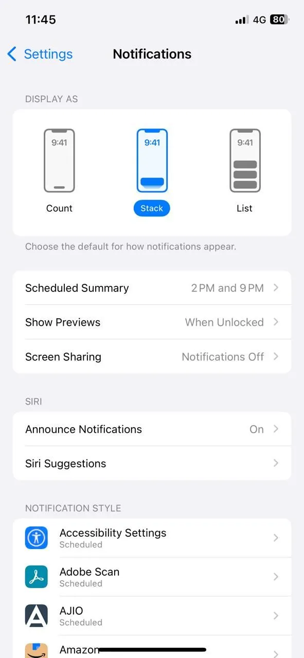Cài đặt Thông báo trên iPhone, nơi người dùng có thể điều chỉnh tùy chọn hiển thị bản xem trước tin nhắn trên màn hình khóa.