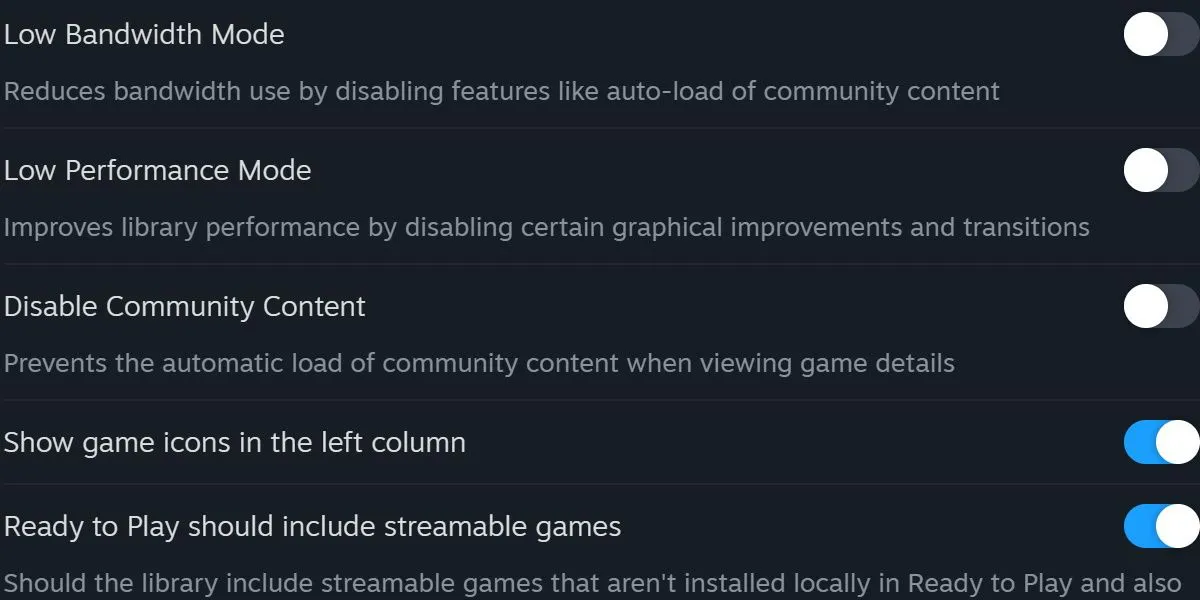 Cài đặt thư viện Steam với tùy chọn kích hoạt Low Performance Mode để giảm tải hệ thống
