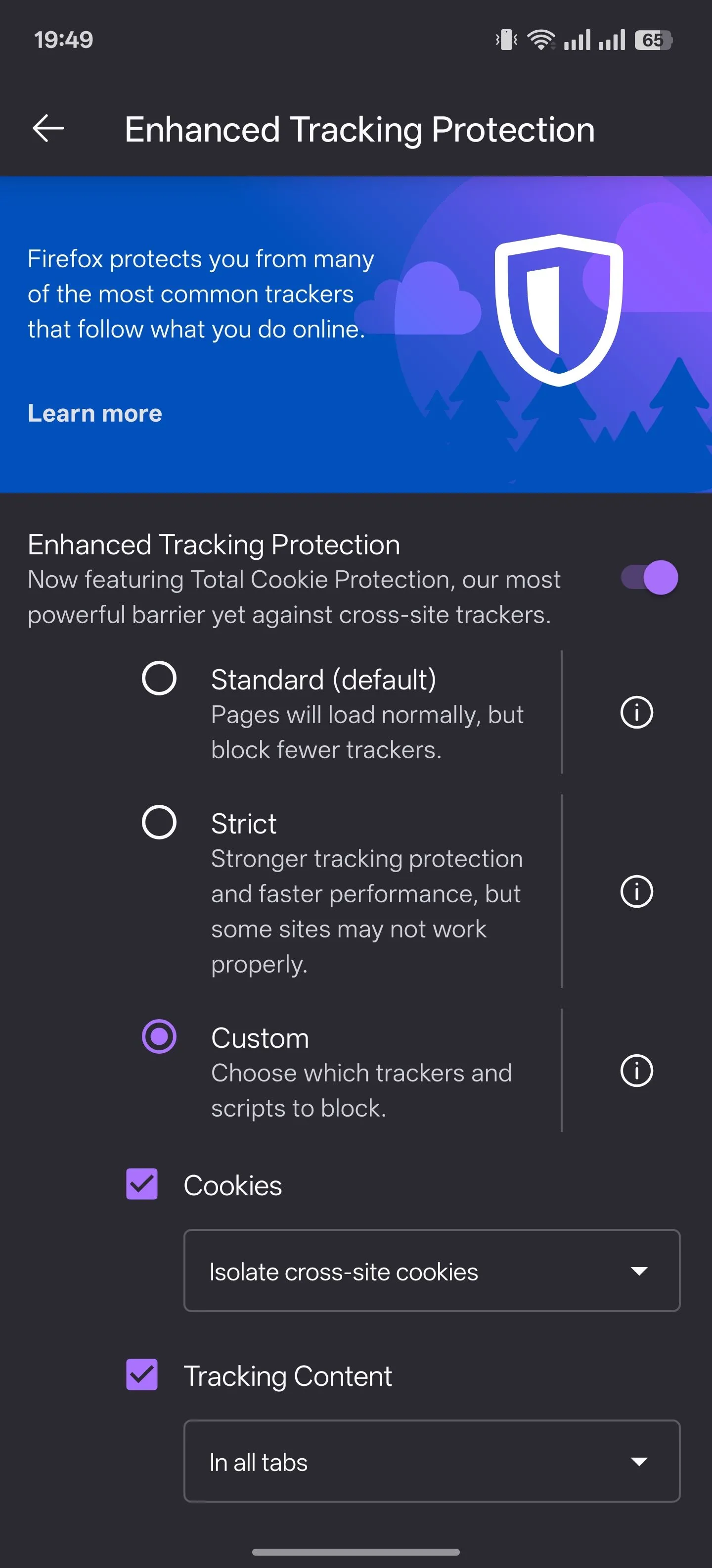 Cài đặt tính năng Bảo vệ theo dõi nâng cao của trình duyệt Firefox trên Android.