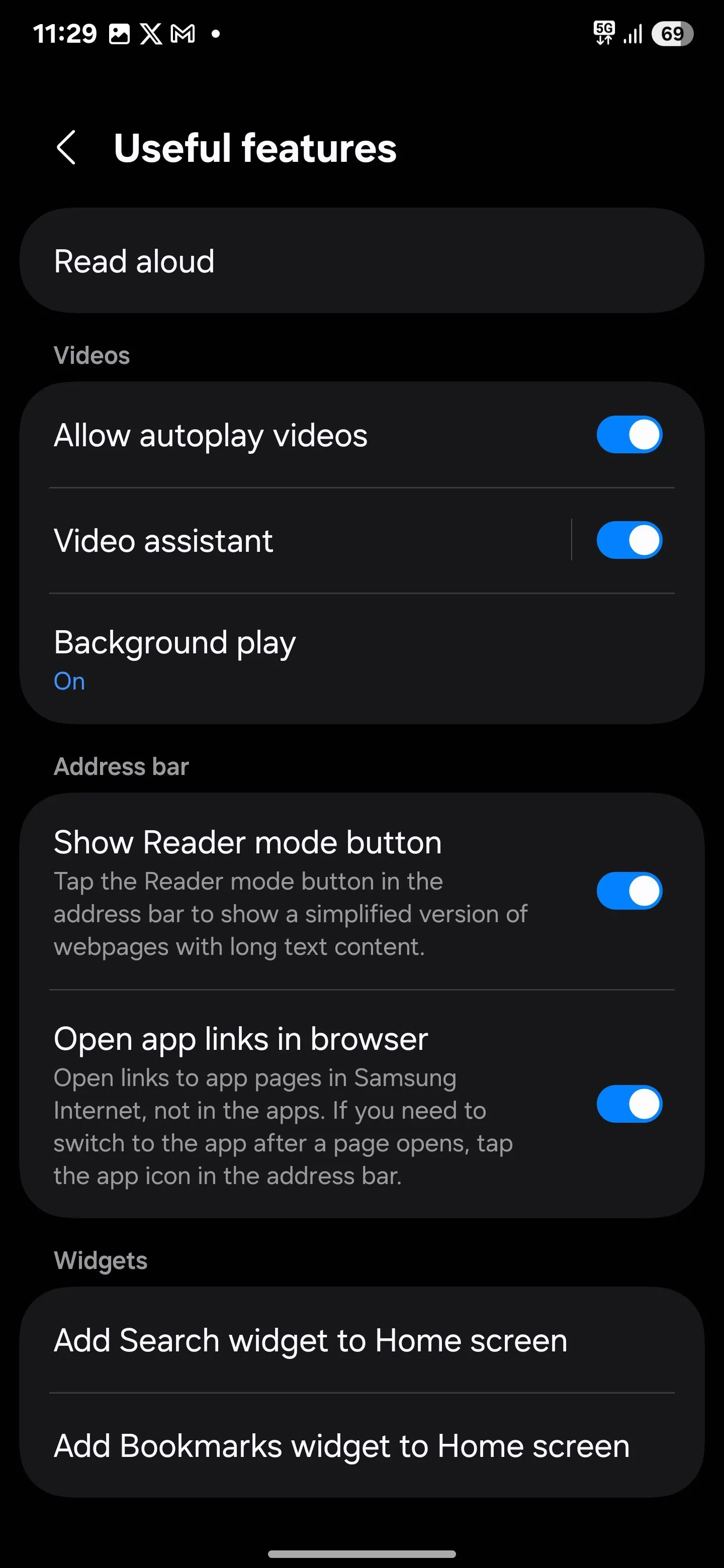 Cài đặt tính năng phát video nền đã được bật trong Samsung Internet để nghe YouTube tắt màn hình