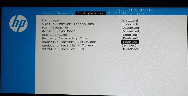 Cài đặt tối ưu pin thích ứng trong BIOS laptop HP