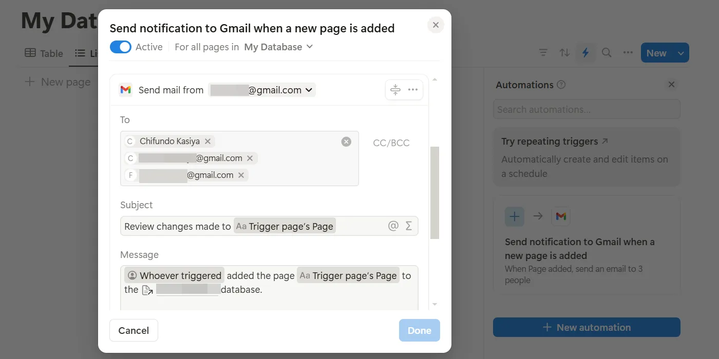 Cài đặt tự động hóa Gmail trong Notion để gửi email thông báo