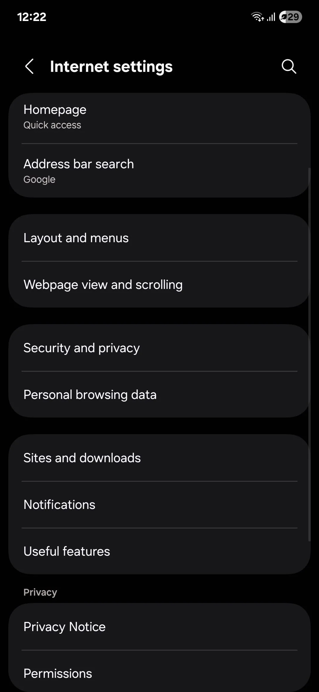 Cài đặt tùy chỉnh của trình duyệt Samsung Internet trên điện thoại Galaxy