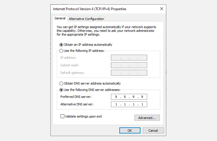 Cài đặt tùy chỉnh máy chủ DNS trên hệ điều hành Windows 10, hiển thị giao diện cấu hình địa chỉ IP DNS.