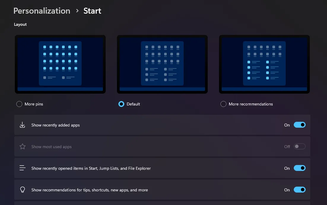 Cài đặt tùy chỉnh menu Start trên Windows 11