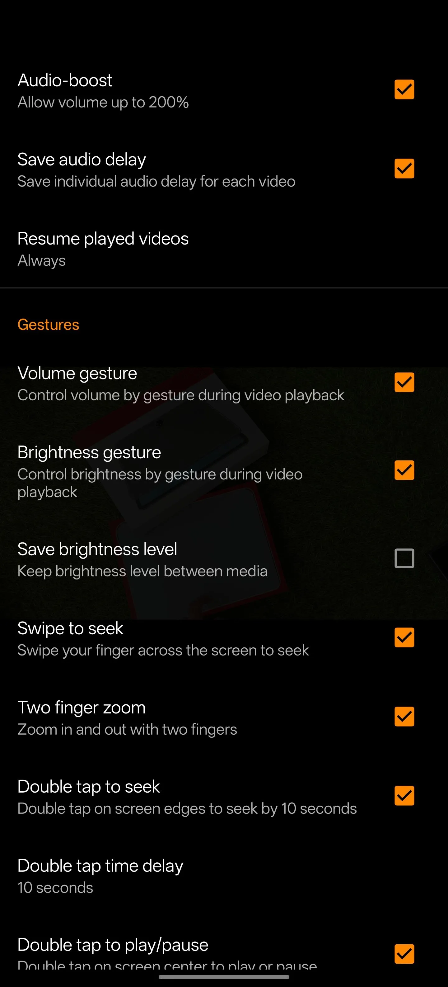 Cài đặt tùy chỉnh trong ứng dụng phát đa phương tiện VLC for Android.