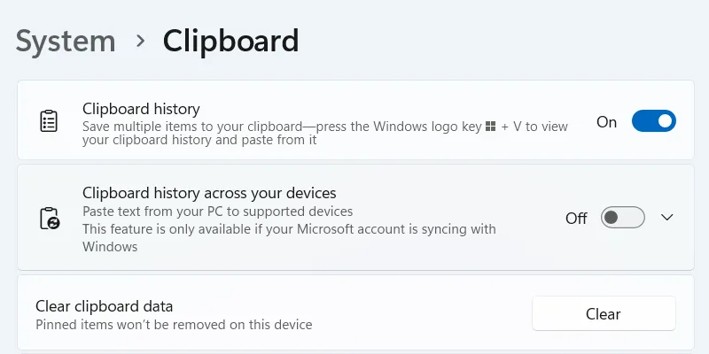Cài đặt vô hiệu hóa đồng bộ lịch sử khay nhớ tạm qua đám mây trên Windows 11.