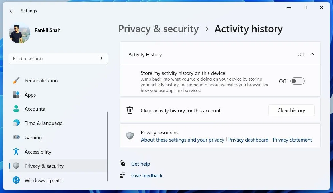 Cài đặt Windows 11 hiển thị menu Lịch sử hoạt động