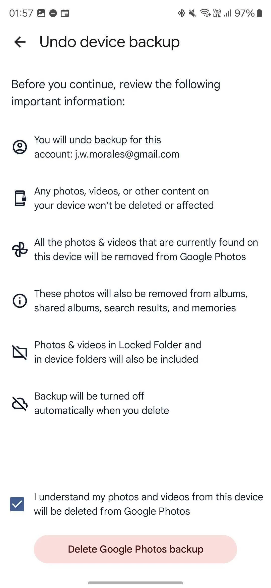 Cảnh báo khi hoàn tác sao lưu thiết bị trên Google Photos
