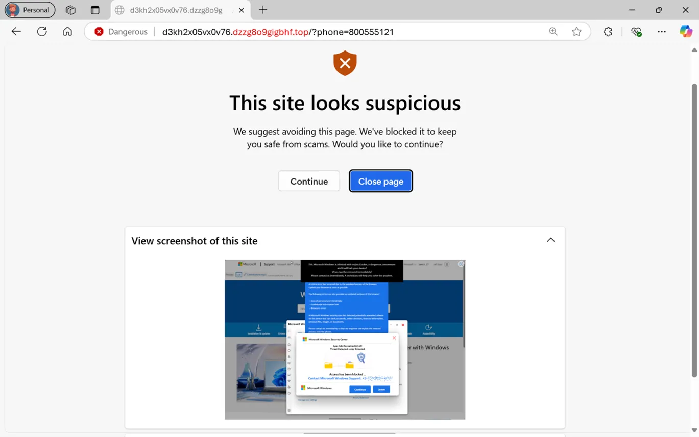 Cảnh báo từ Scareware Blocker của Microsoft Edge hiển thị trang web đáng ngờ, với tùy chọn đóng hoặc tiếp tục.