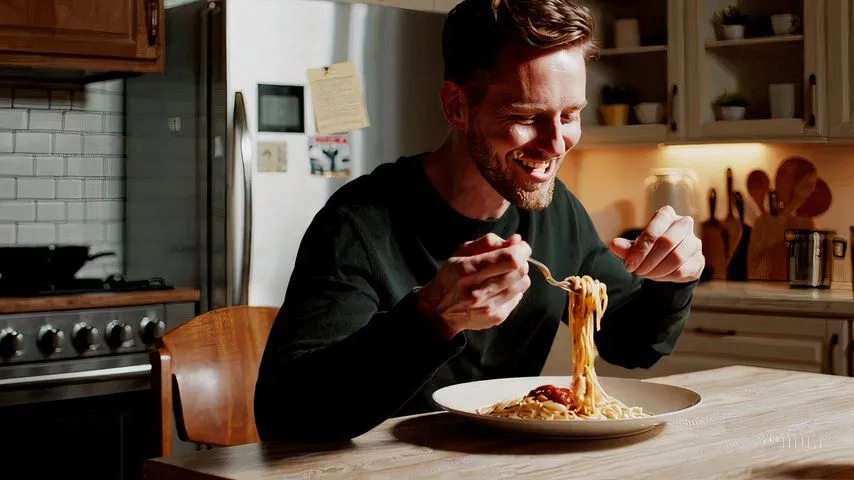Cảnh từ video Sora AI tạo ra nhân vật đang ăn spaghetti, minh họa cho việc Sora gặp khó khăn với các tương tác vật thể cơ bản và chi tiết phức tạp