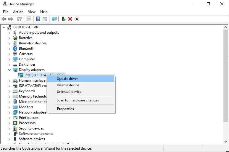 Cập nhật driver card đồ họa qua Device Manager trong Windows