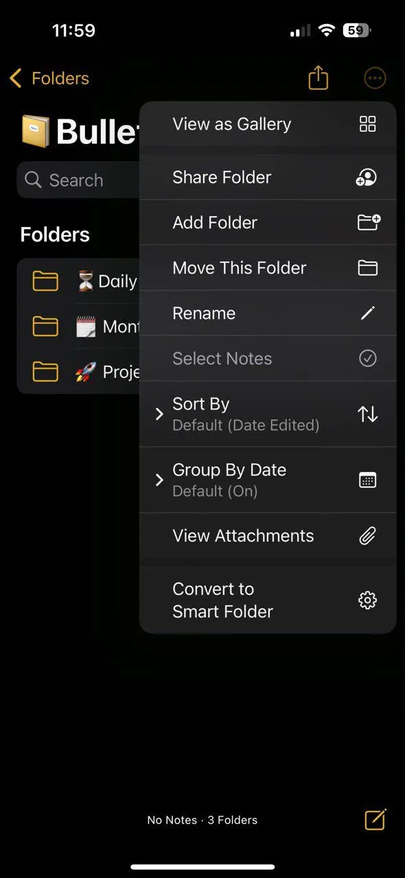 Cấu trúc thư mục chi tiết trong Apple Notes với các thư mục con như 'Daily Logs', 'Reviews', và các ghi chú dự án, hỗ trợ hệ thống Bullet Journal.