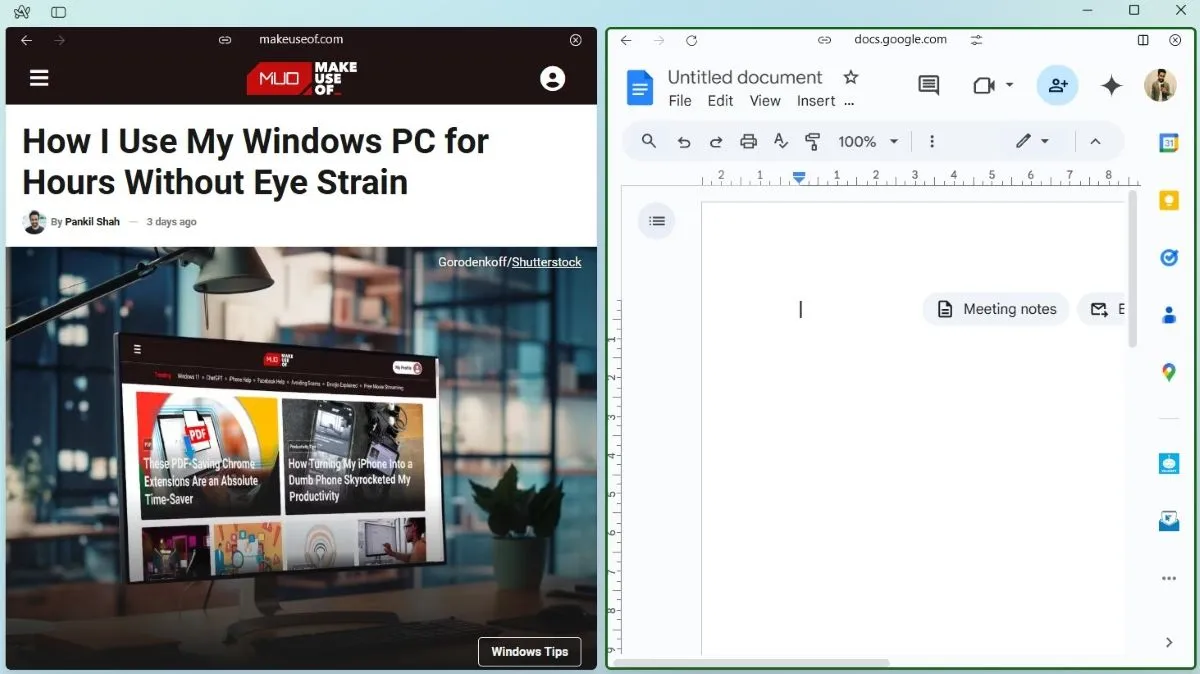 Chế độ chia màn hình Split View trên trình duyệt Arc hiển thị website MakeUseOf và Google Docs cạnh nhau.