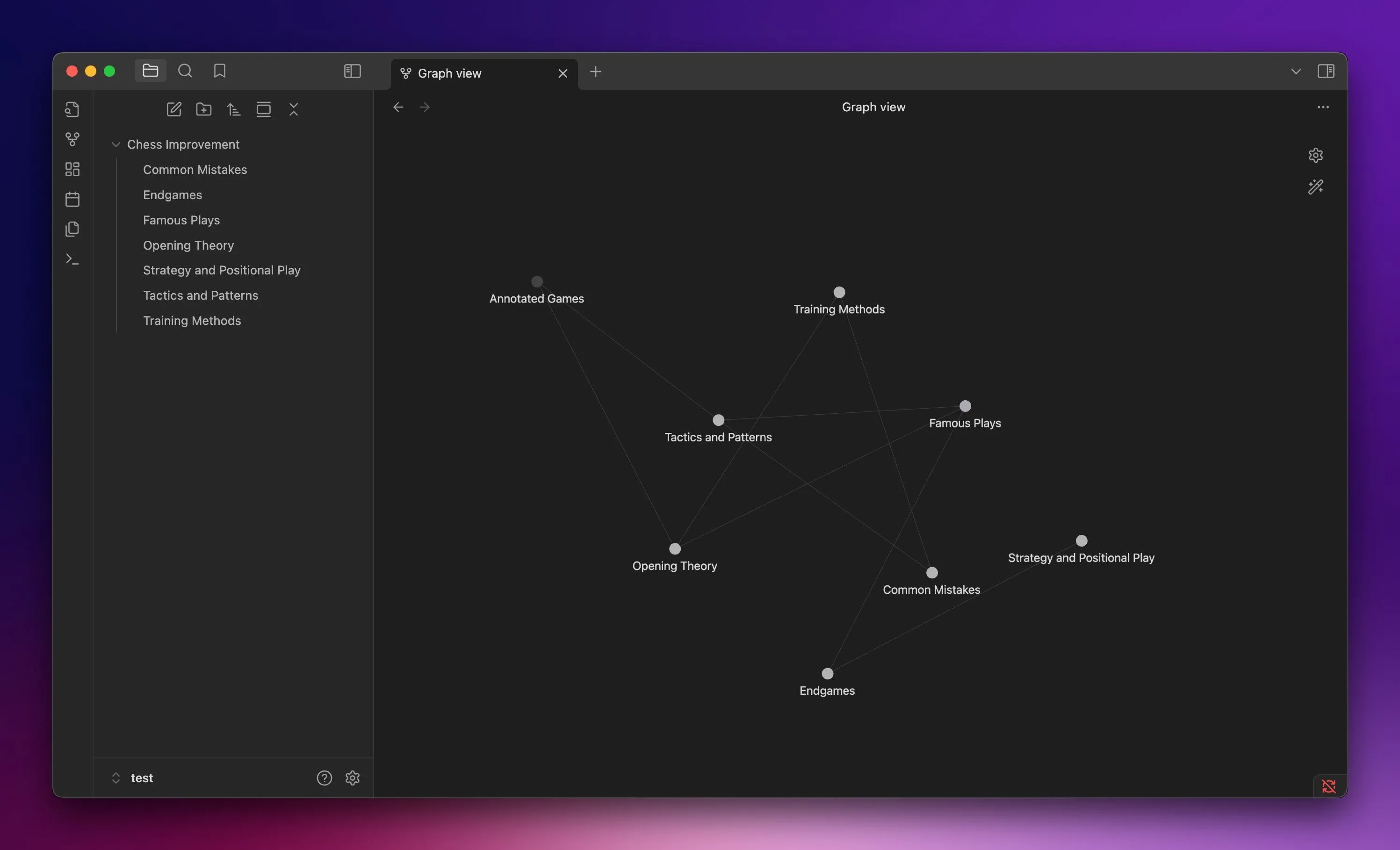 Chế độ Graph View hiển thị mạng lưới liên kết giữa các ghi chú trong Obsidian trên máy Mac, giúp hình dung mối quan hệ kiến thức.