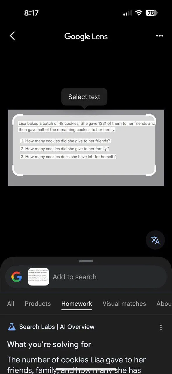 Chế độ hỗ trợ bài tập về nhà của Google Lens trong ứng dụng Google, hiển thị lời giải và các bước cho một bài toán.