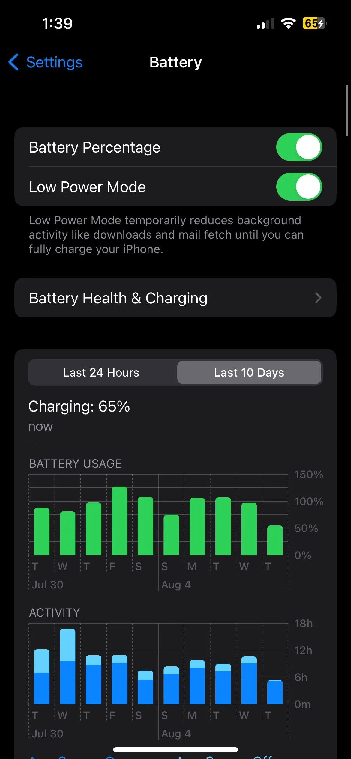Chế độ Nguồn điện thấp trên màn hình Cài đặt Pin của iPhone
