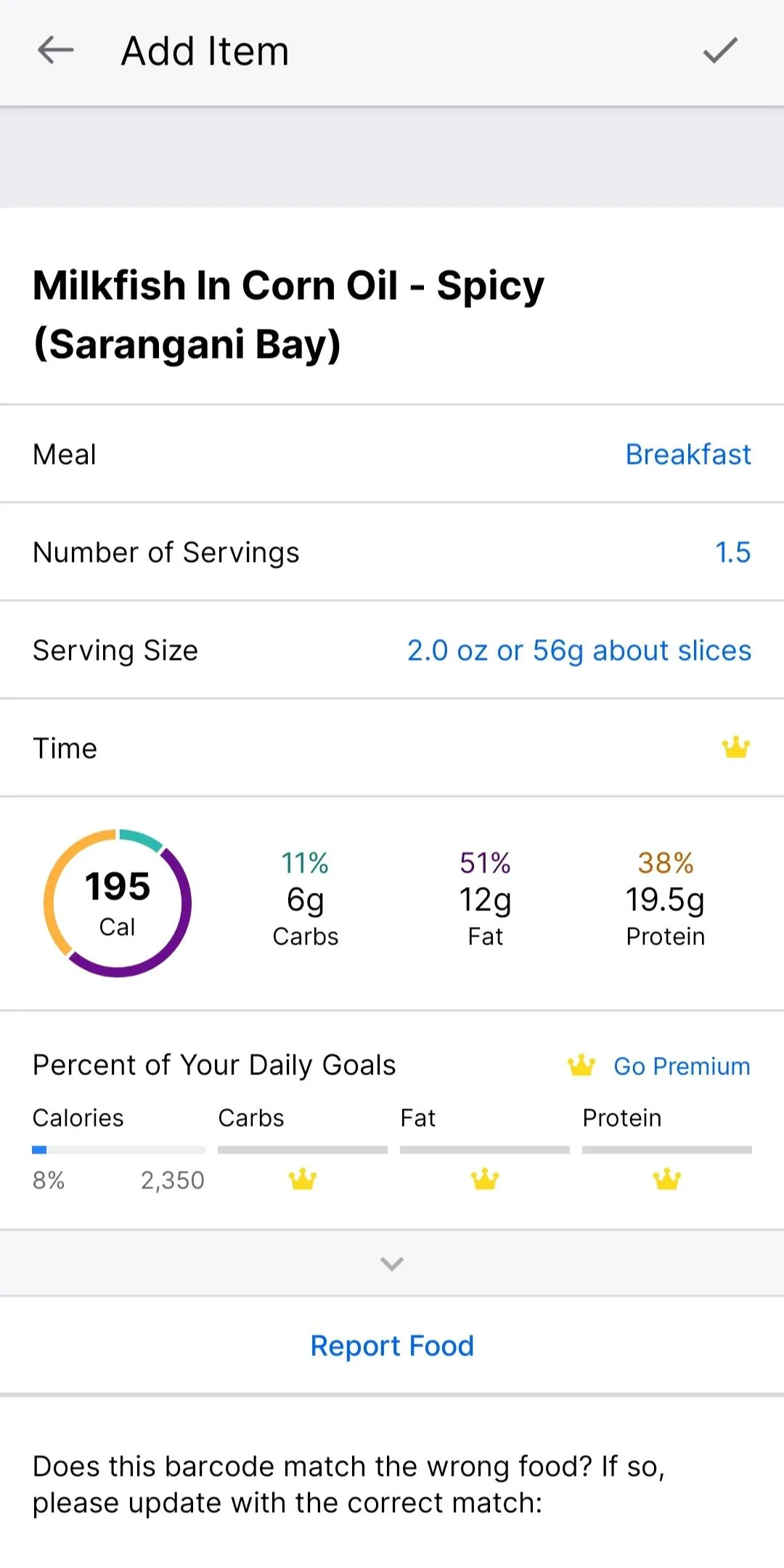 Chi tiết macro và khẩu phần ăn của món cá đối trong ứng dụng MyFitnessPal