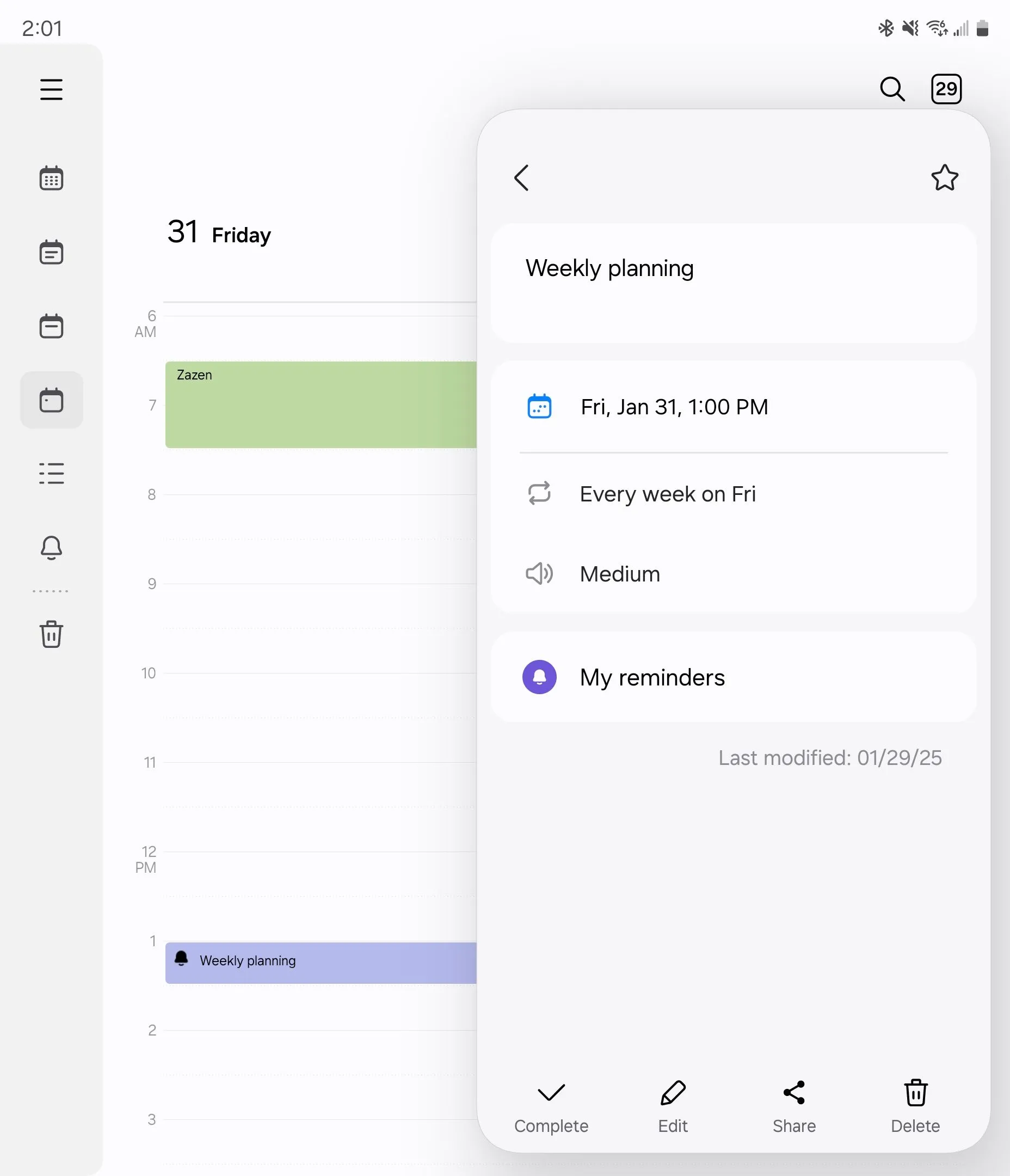Chi tiết một lời nhắc (Reminder) được hiển thị tích hợp trong giao diện Samsung Calendar