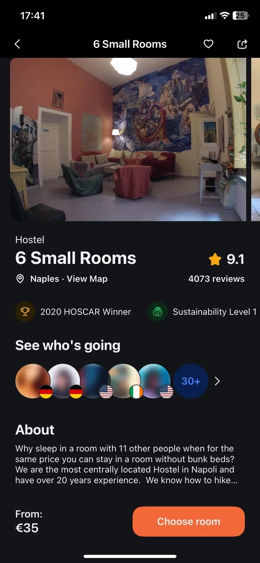 Chi tiết phòng và các tiện ích tại một hostel trên ứng dụng Hostelworld, giúp người dùng dễ dàng lựa chọn nơi ở phù hợp.