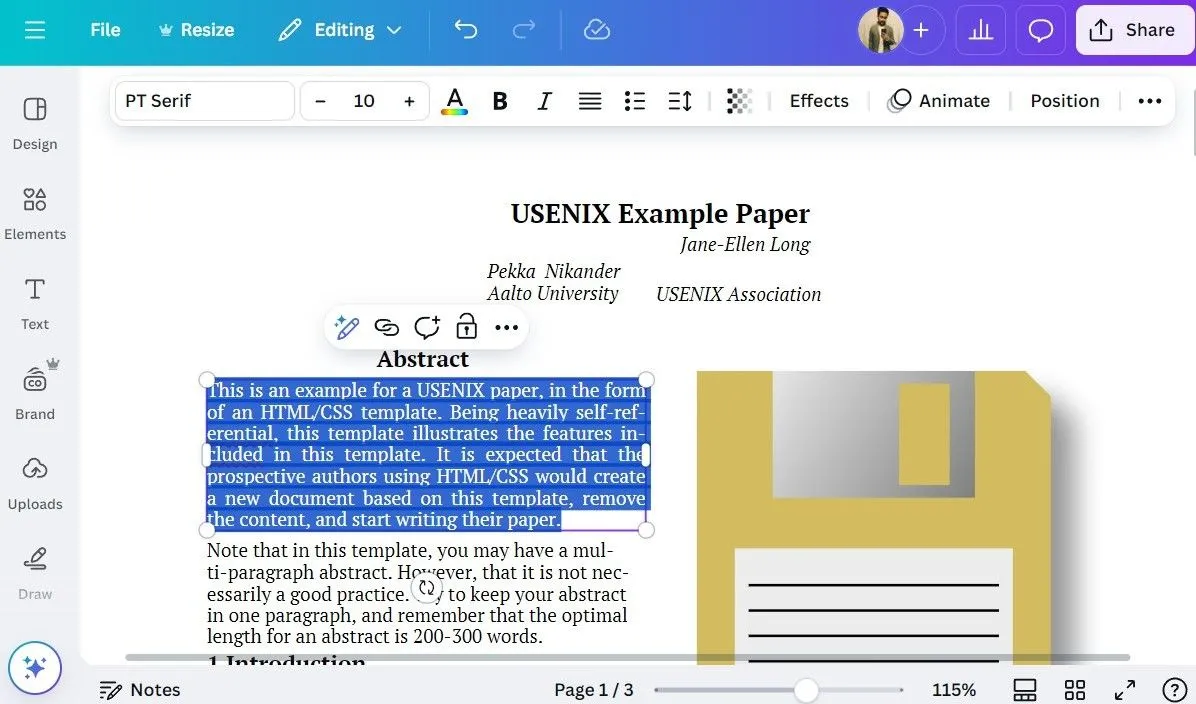 Chỉnh sửa file PDF trực tiếp trong giao diện ứng dụng Canva trên máy tính, hiển thị khả năng thay đổi văn bản và hình ảnh