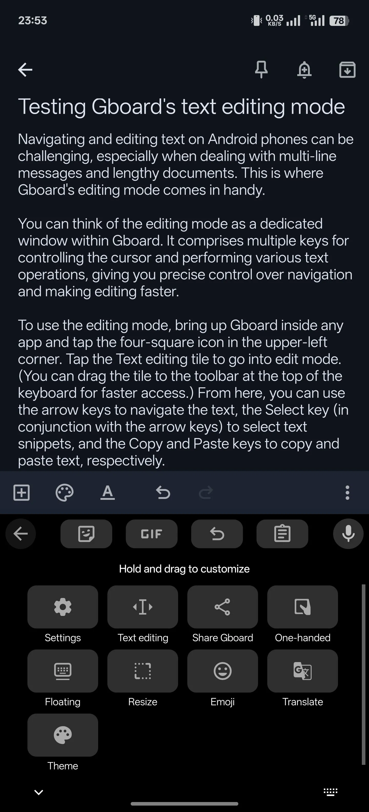 Chọn biểu tượng chỉnh sửa văn bản trong Gboard để vào chế độ Text Editing