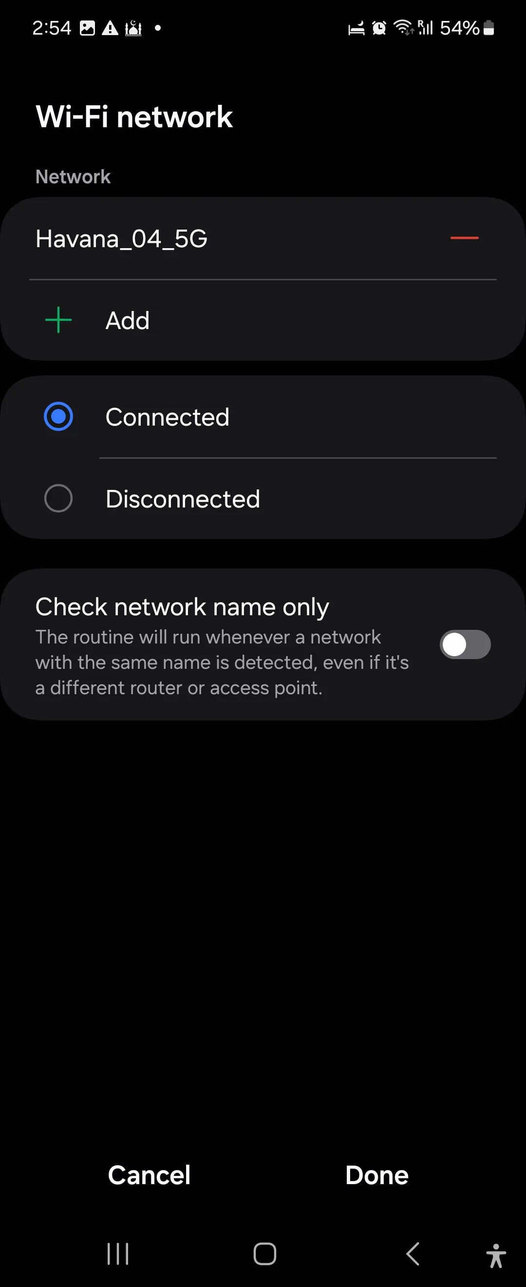 Chọn mạng Wi-Fi làm điều kiện kích hoạt Thói quen thay đổi màn hình khóa trong Samsung Modes and Routines