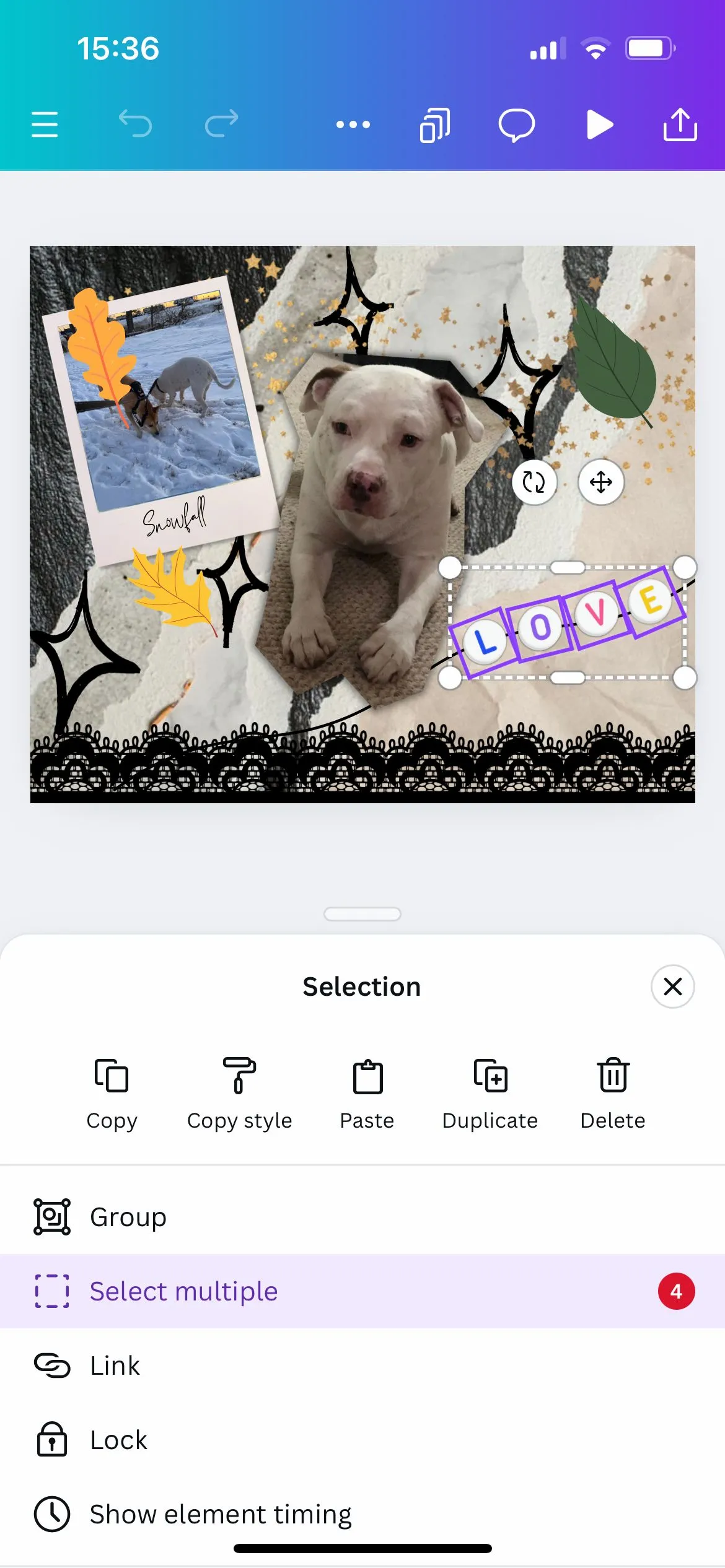 Chọn nhiều đối tượng trong ứng dụng Canva qua menu &quot;Select Multiple&quot;