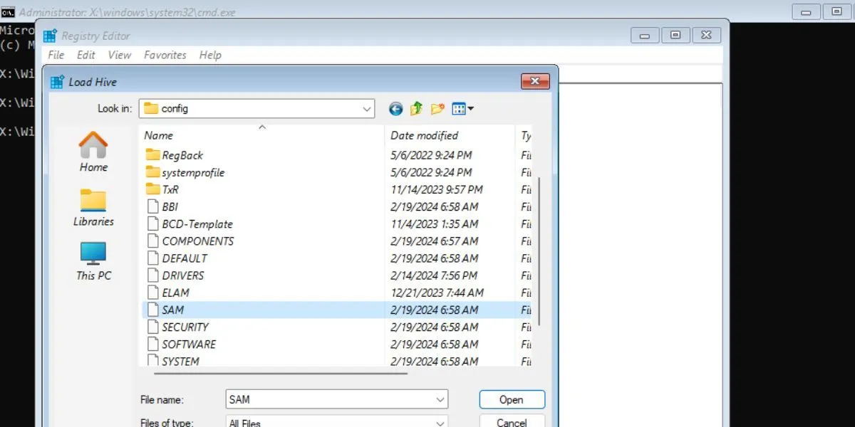 Chọn tệp SAM để tải tổ hợp phím (Load Hive) trong Registry Editor giúp khắc phục lỗi đăng nhập