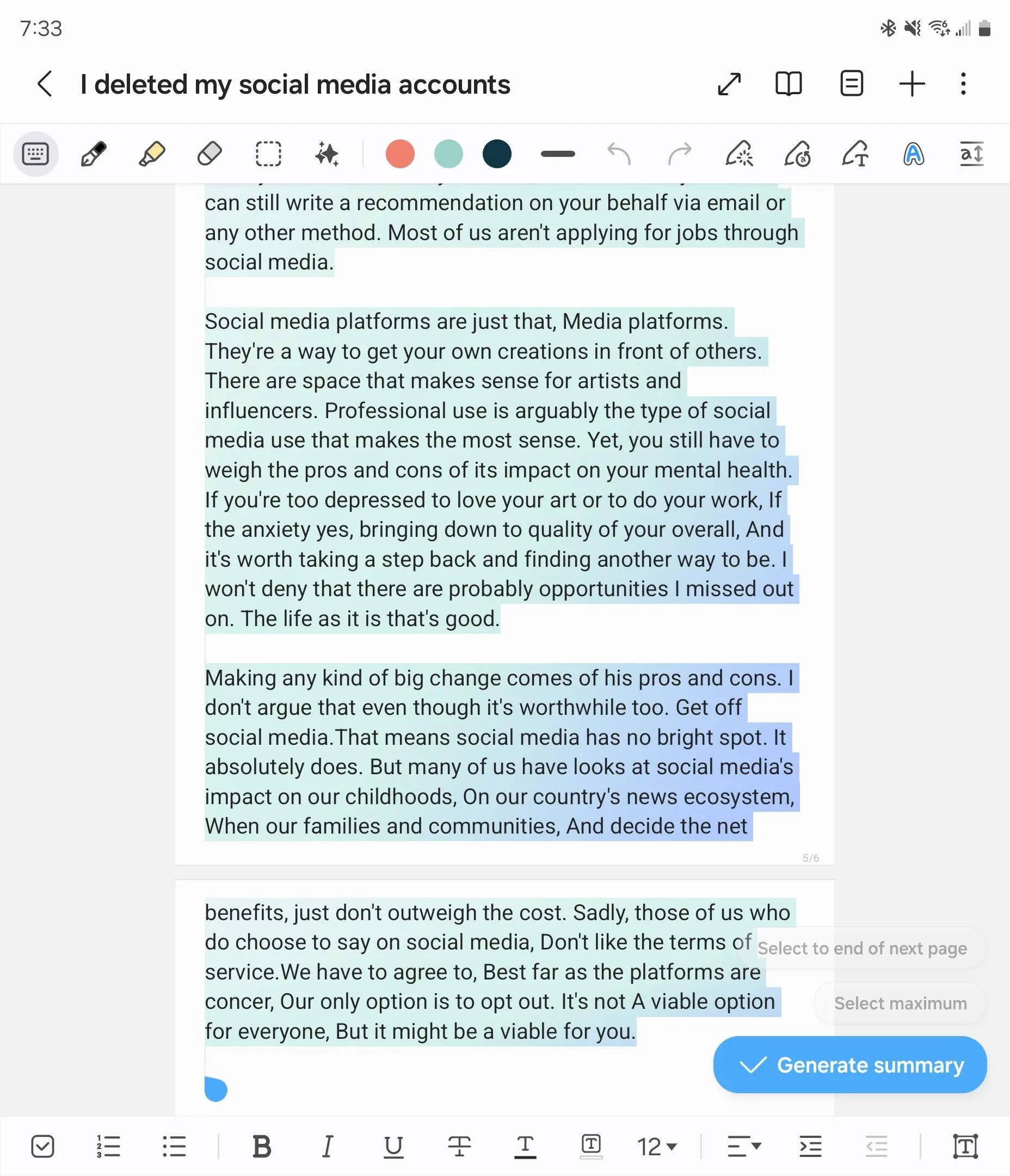 Chọn văn bản để sử dụng Trợ lý Ghi chú trong Samsung Notes.