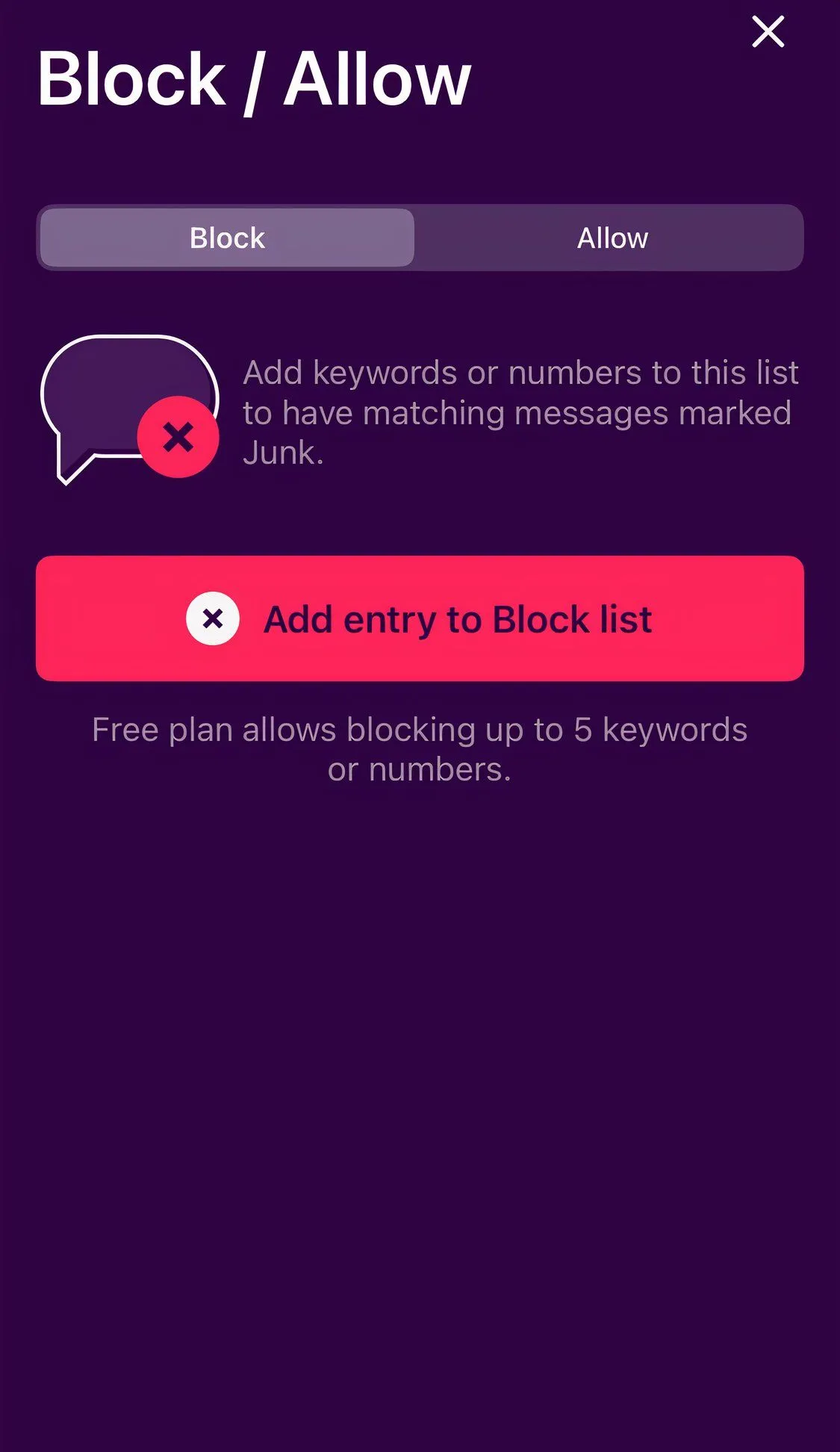 Chức năng cho phép hoặc chặn tin nhắn SMS trên ứng dụng TextKiller giúp kiểm soát tin nhắn lừa đảo