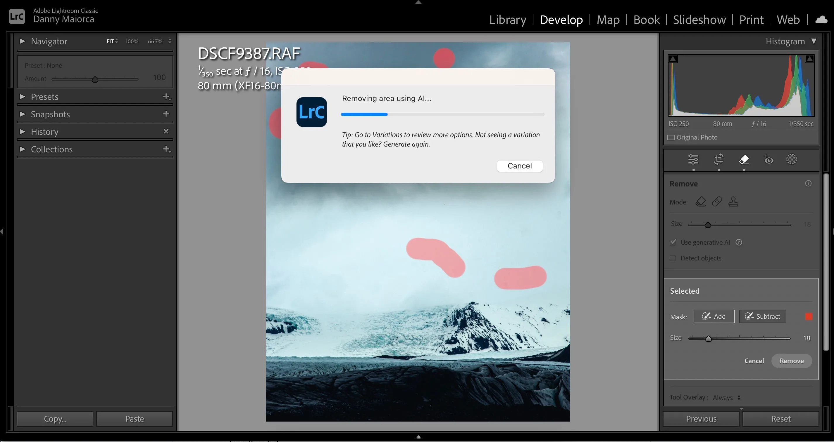 Chức năng Generative AI Spot Removal trong Adobe Lightroom giúp loại bỏ các khuyết điểm ảnh tự động và hiệu quả.