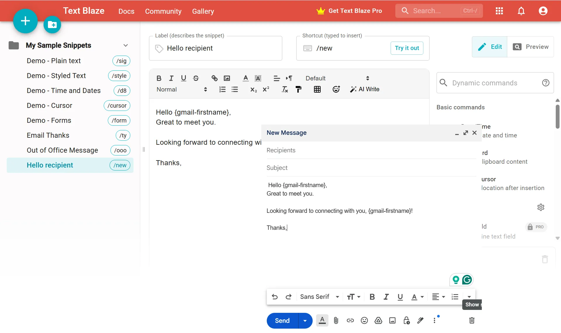 Chức năng tạo snippet động trong Text Blaze, hiển thị các trường tùy chỉnh như ngày hiện tại, nhập liệu từ người dùng và dữ liệu từ clipboard.
