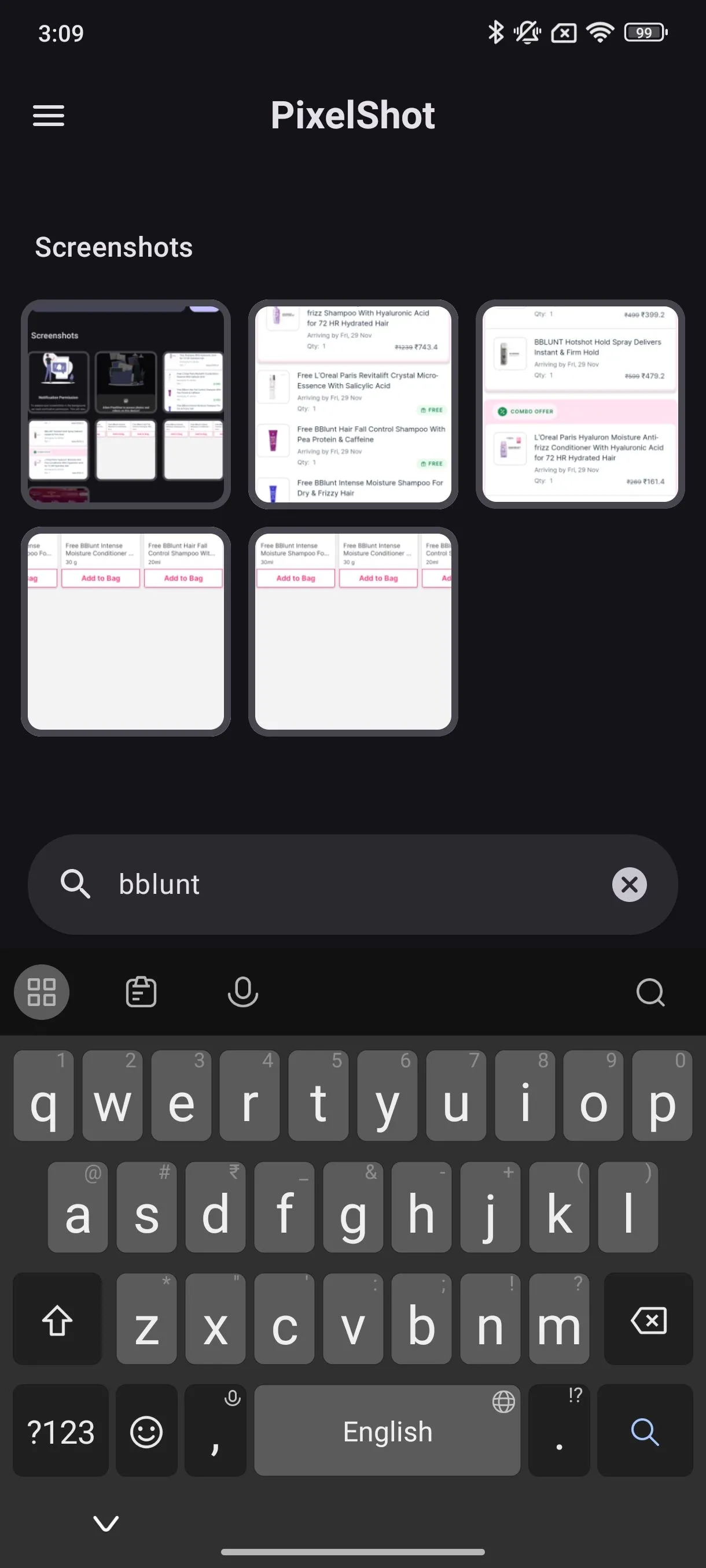 Chức năng tìm kiếm của PixelShot minh họa khả năng tìm kiếm từ khóa &quot;Bblunt&quot; trong các ảnh chụp màn hình đã lưu.